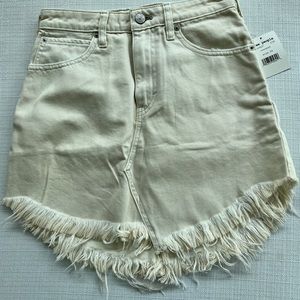Free People Maverick Bailey Deconstructed Fringe Jean Mini Skirt White/Cream